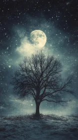 Lone winter tree stands beneath a luminous full moon.