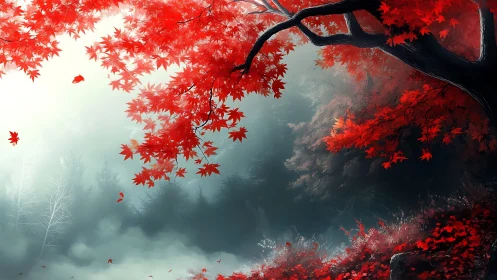 Scarlet maple canopy arcs over misted conifer forest hollow