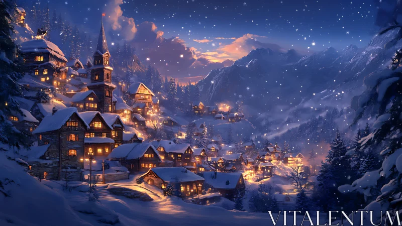 Snowbound alpine village glows under deep twilight sky.