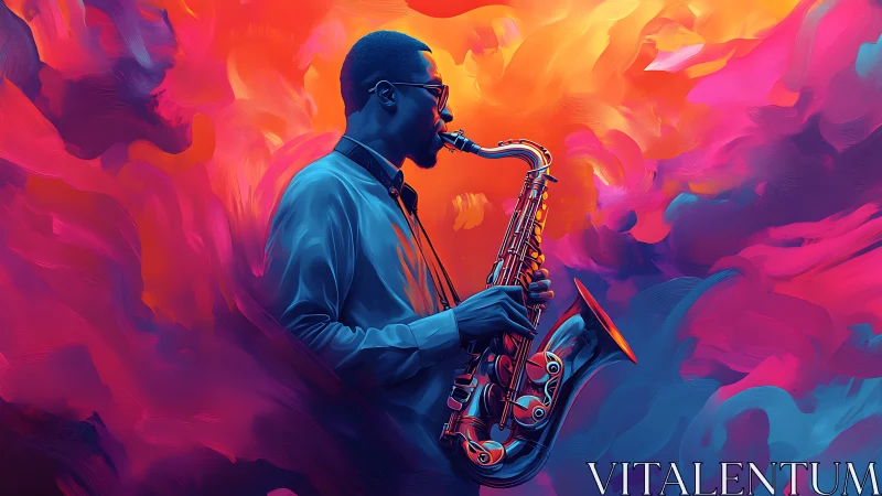 Saxophonist immersed in swirling neon jazz colors.