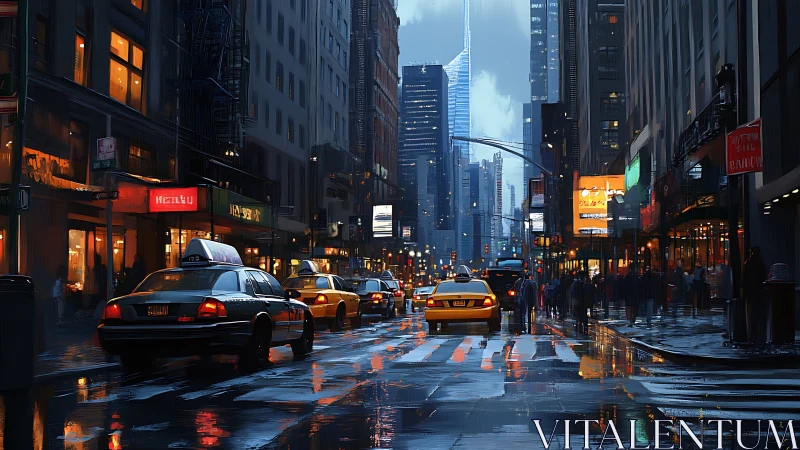 Rain-slick neon avenue where yellow cabs chase city twilight.