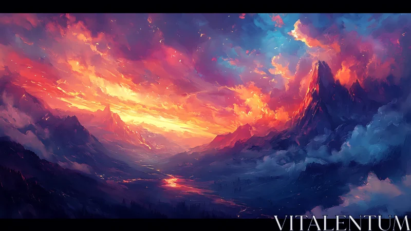 Mountain valley under vivid sunset cloud formations.