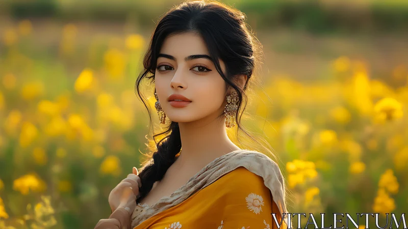 Elegant woman in mustard saree in sunlit field, portrait style.