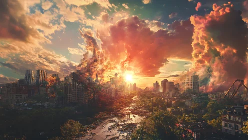Apocalyptic city skyline ignites beneath surreal burning clouds.