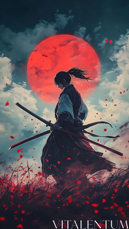 Lone samurai silhouette beneath blood-red celestial sun.