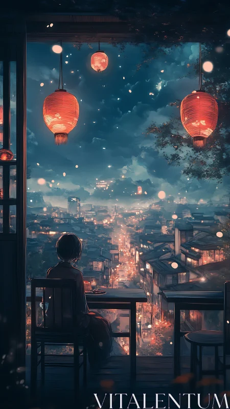 Solitary figure watches lantern-lit city under dreamy night sky