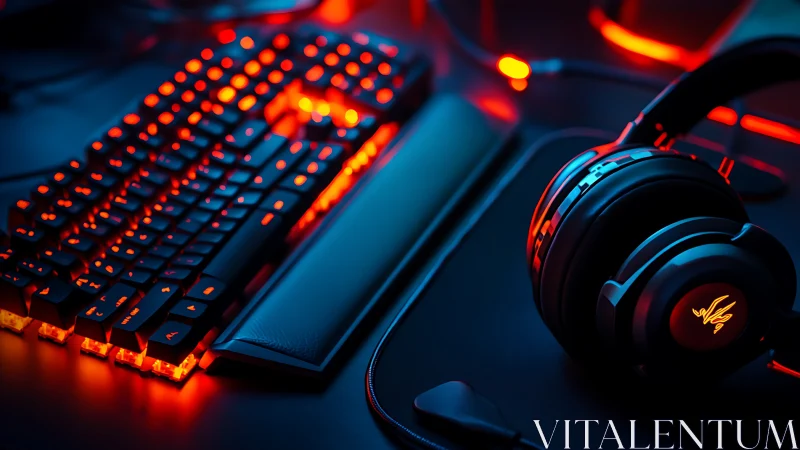 RGB gaming keyboard and headset under neon red light.