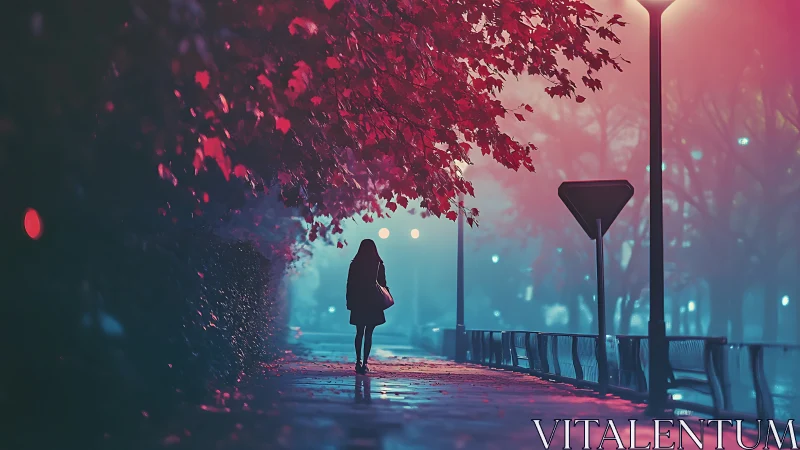 Solitary figure walks under neon-tinted autumn canopy at dusk.