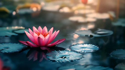 Magenta Lotus Bloom with Layered Petal Architecture Floating on Reflective Water Surface