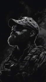 Bearded tactical soldier portrait rendered in high contrast