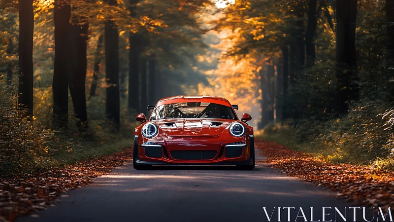 Red sports car stands poised on sunlit autumn forest road.