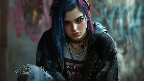 Urban portrait of punk girl with dual-tone hair and grunge styling