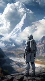 Solitary astronaut surveys colossal alien ice peak.