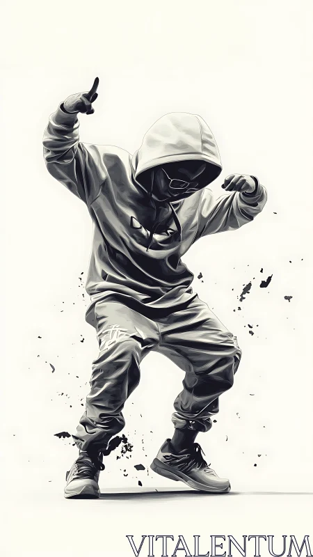 Hooded street dancer frozen mid-beat in monochrome motion storm.
