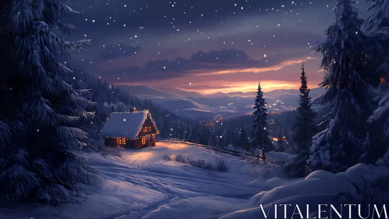 Snow-covered alpine cabin under dusk sky with layered warm lighting