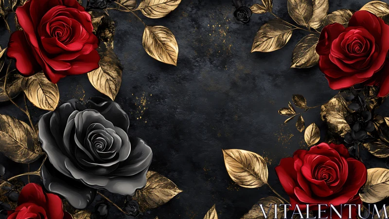 Red and Black Roses with Gold Leaves on Dark Surface.