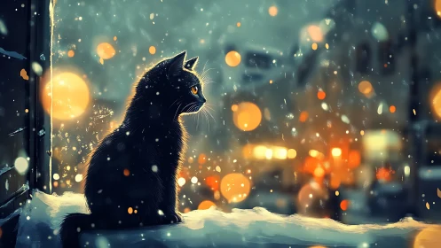 Black cat seated at window during snowfall with urban bokeh lighting