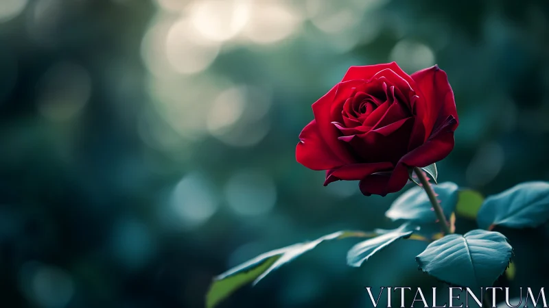 Red rose specimen with blurred green foliage background.