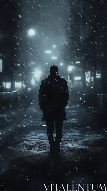 Solitary figure under neon rain in cinematic night street.