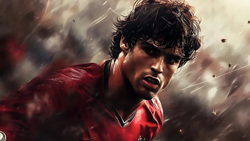 Storm-eyed football warrior racing through roaring dusk.