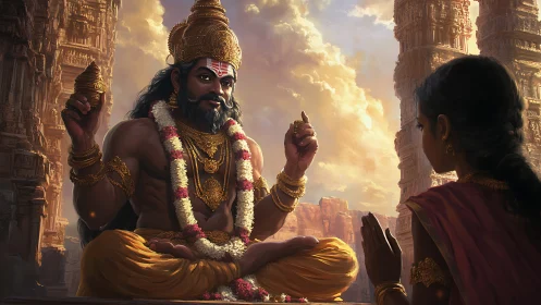 Digital painting of divine guru and devotee in temple setting.