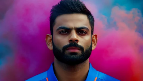 Intense male portrait amid vibrant pink and blue smoke clouds.