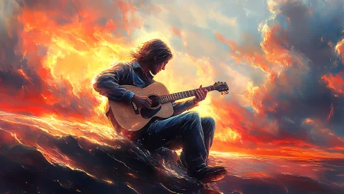 Guitarist sits on turbulent sea under vivid fiery sky