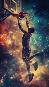 Celestial basketball dunk with nebula backdrop and rim detail