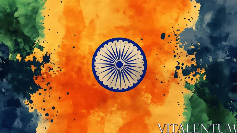 Abstract tricolor composition centers stylized Ashoka Chakra emblem