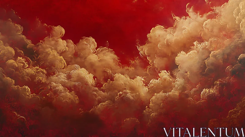 Golden storm clouds billow across deep crimson sky