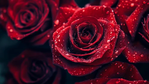 Red Roses with Dewdrops in Dark Light.