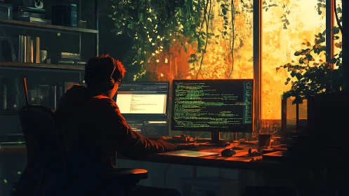Sunlit coder’s hideaway blending screens, vines, and calm.
