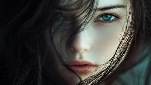 Storm-lit teal eyes framed by sweeping dark strands.