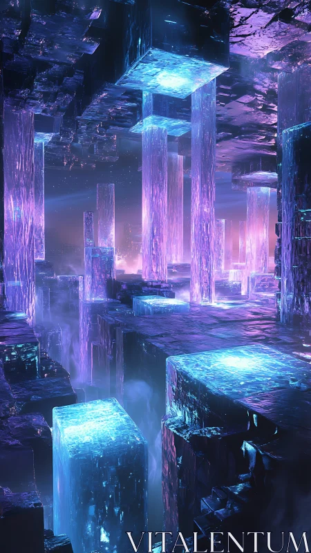 Cyberpunk crystalline data pillars in luminous vertical grid.