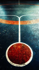 Geometric court abstraction with weathered circular focal point.