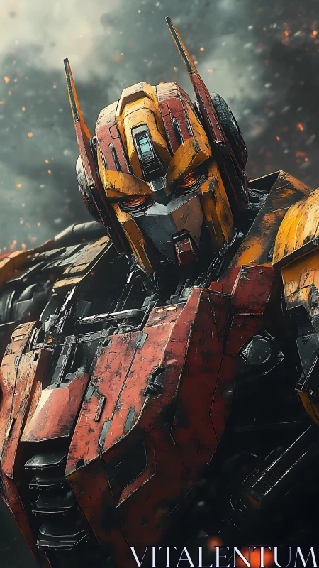 Battleworn mecha portrait in high-detail cyberpunk rendering.