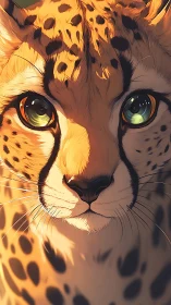 Cheetah Portrait with Golden Illumination and Expressive Eyes. Digital Rendering.