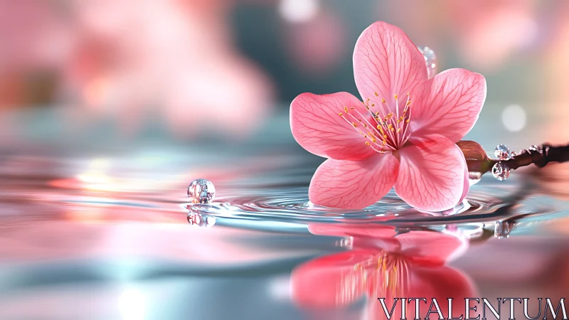 Pink Blossom Floating on Water with Dewdrops.
