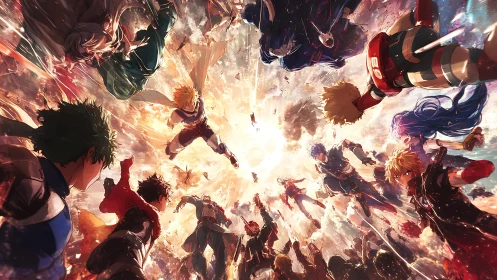 Heroic anime characters converge in dynamic sky battle.