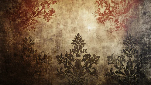 Aged damask wall texture with grunge patina and muted warm lighting