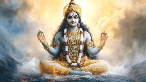 Radiant blue deity sits in calm meditation over swirling water