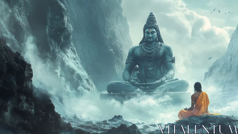 Mountain mist meditation before colossal stone deity.