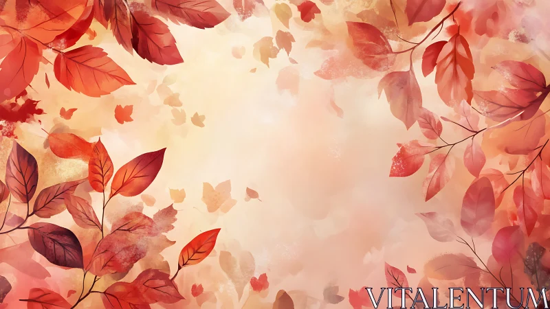 Autumn red leaves border around soft pastel background scene.
