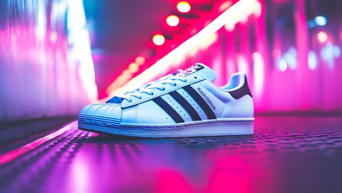 White striped sneaker under neon tunnel glow at night.