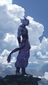 Warrior silhouette surveys a vast sky of stormlit clouds