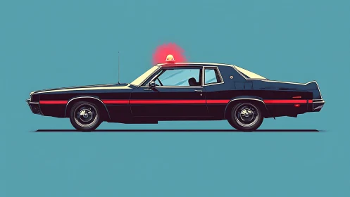 Stylized vintage police car profile on teal background.