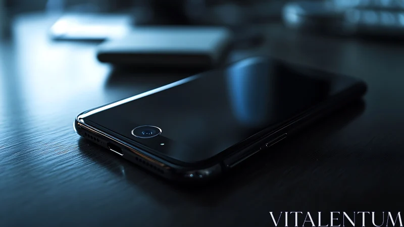Sleek smartphone resting on dark surface with reflective glow