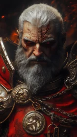 Battle-scarred paladin in embossed plate armor under ember glow