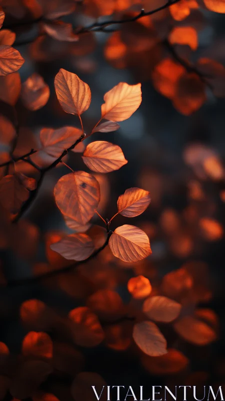 Gentle autumn leaves glow softly in the fading forest light