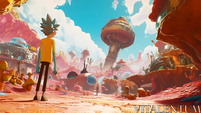 Cartoon figure in colorful alien settlement landscape.